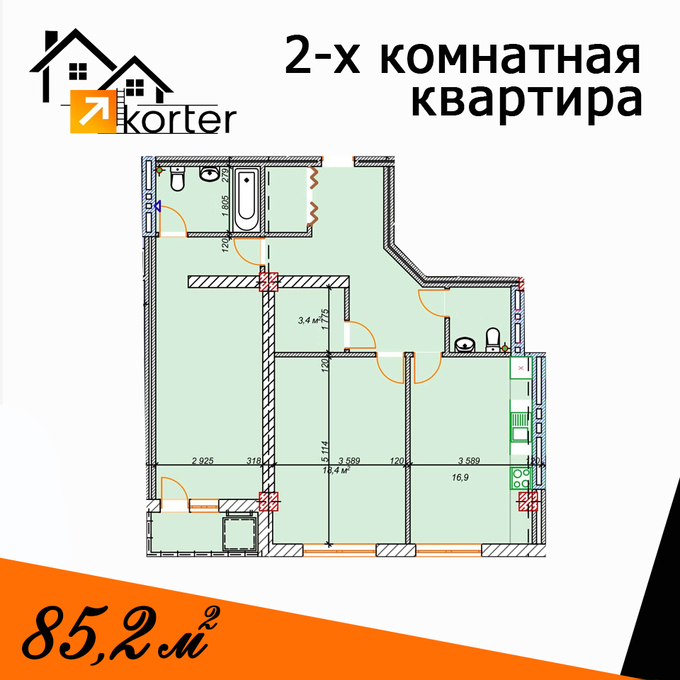 Планировка 2-комнатные квартиры, 85.2 m2 в ЖК по ул. Чуйкова, в г. Бишкека