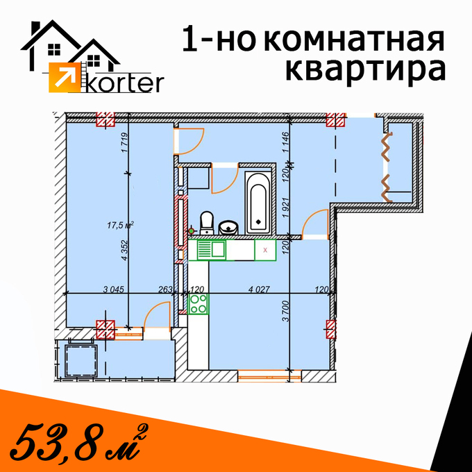 Планировка 1-комнатные квартиры, 53.8 m2 в ЖК по ул. Чуйкова, в г. Бишкека