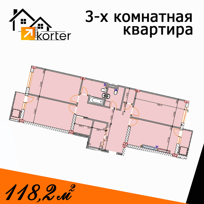 Планировка 3-комнатные квартиры, 118.2 m2 в ЖК по ул. Чуйкова, в г. Бишкека