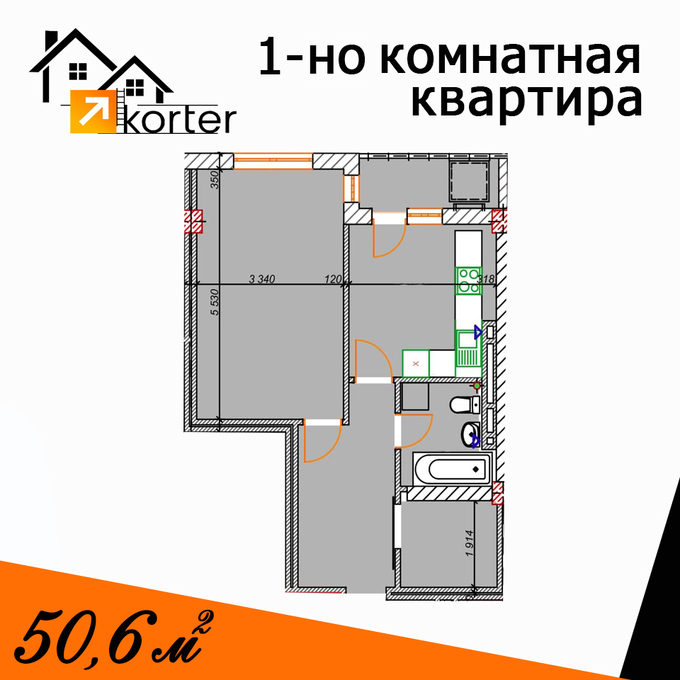 Планировка 1-комнатные квартиры, 50.6 m2 в ЖК по ул. Чуйкова, в г. Бишкека