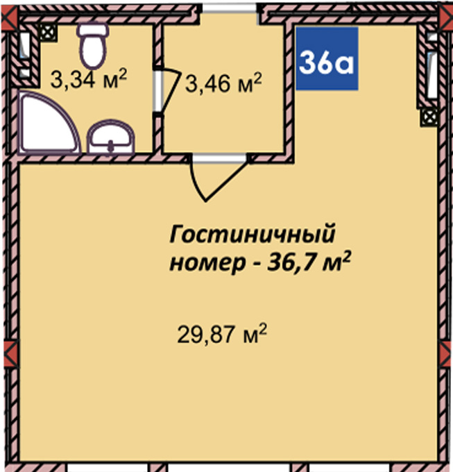 Планировка 1-комнатные квартиры, 36.7 m2 в ЖК Центр Отдыха Радуга, в г. Иссык-Кульского района