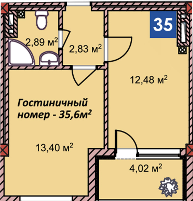 Планировка 1-комнатные квартиры, 35.6 m2 в ЖК Центр Отдыха Радуга, в г. Иссык-Кульского района