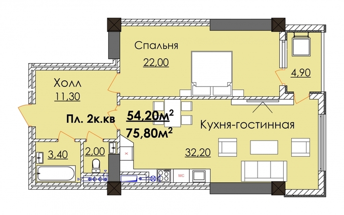 Планировка 2-комнатные квартиры, 75.8 m2 в ЖК Elite Residence, в г. Бишкека