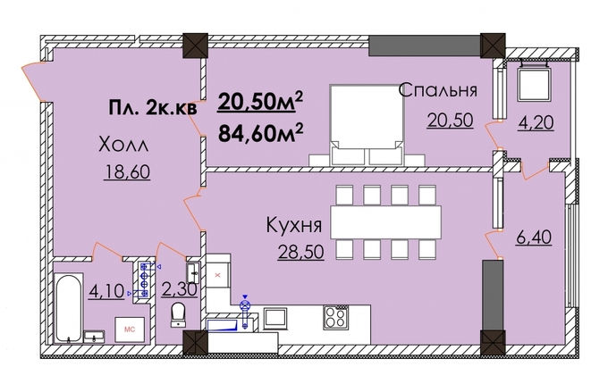 Планировка 2-комнатные квартиры, 84.6 m2 в ЖК Elite Residence, в г. Бишкека