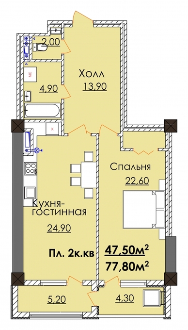 Планировка 2-комнатные квартиры, 77.8 m2 в ЖК Elite Residence, в г. Бишкека