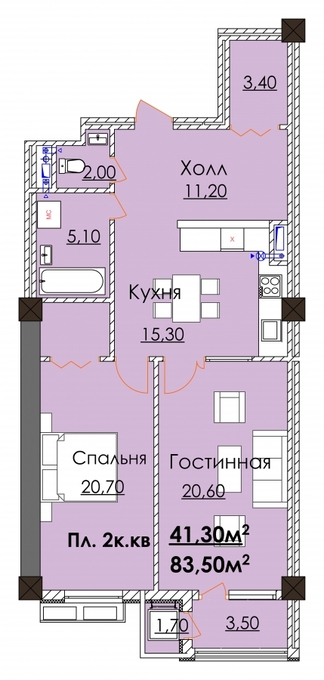 Планировка 2-комнатные квартиры, 83.5 m2 в ЖК Elite Residence, в г. Бишкека