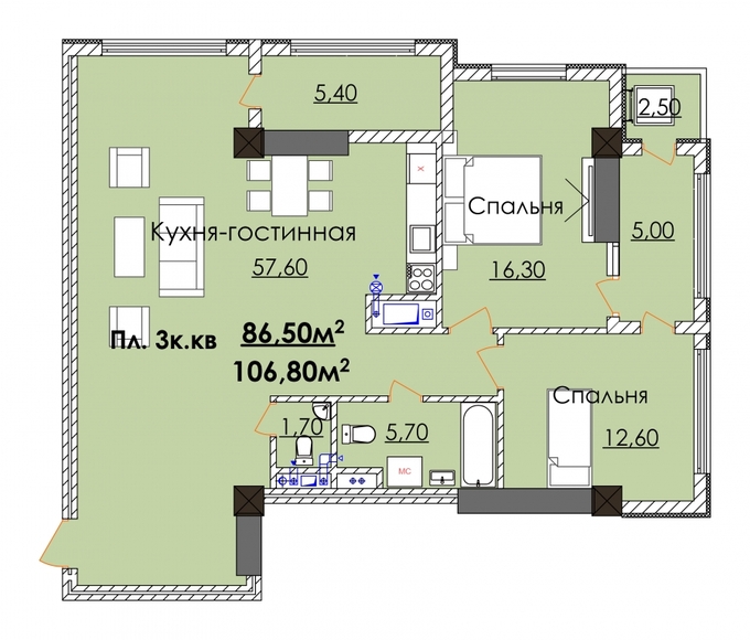 Планировка 3-комнатные квартиры, 106.8 m2 в ЖК Elite Residence, в г. Бишкека
