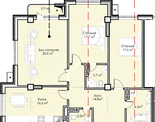 Планировка 3-комнатные квартиры, 107.4 m2 в ЖК Итальянский квартал, в г. Бишкека
