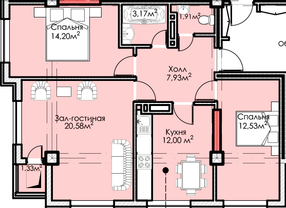 Планировка 3-комнатные квартиры, 73.65 m2 в ЖК Эл Классик, в г. Бишкека