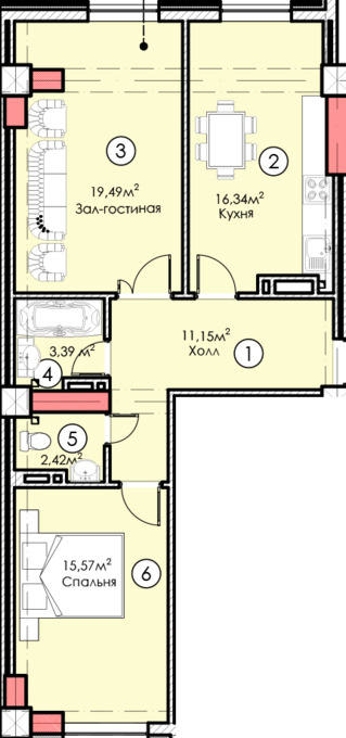 Планировка 2-комнатные квартиры, 68.36 m2 в ЖК Александрия, в г. Бишкека