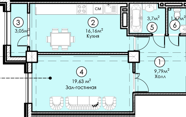 Планировка 1-комнатные квартиры, 54 m2 в ЖК Александрия, в г. Бишкека