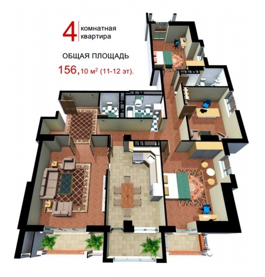 Планировка 4-комнатные квартиры, 156.1 m2 в ЖД Исанова / Рыскулова, в г. Бишкека