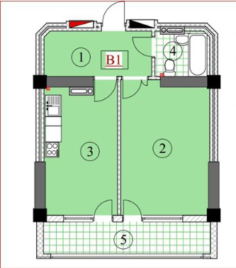 Планировка 1-комнатные квартиры, 43.23 m2 в ЖК Асанбай-2, в г. Бишкека