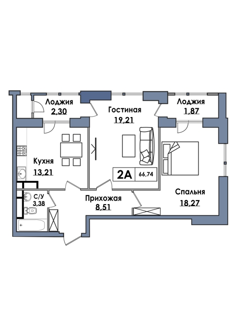 Планировка 2-комнатные квартиры, 66.74 m2 в ЖК Sani Towers, в г. Нур-Султана (Астаны)