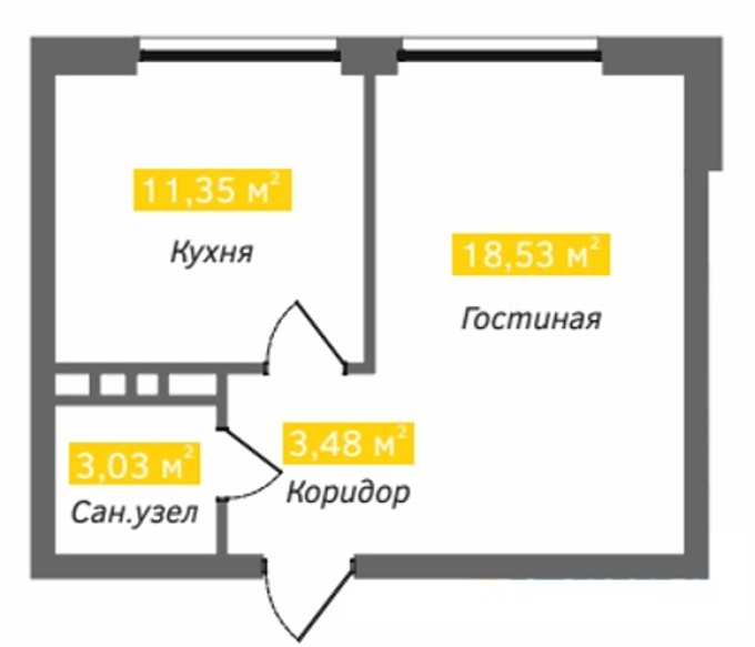 Планировка 1-комнатные квартиры, 36.05 m2 в ЖК Imran, в г. Уральска