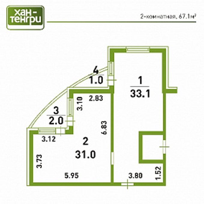 Планировка 2-комнатные квартиры, 67.1 m2 в ЖК Хан Тенгри, в г. Алматы