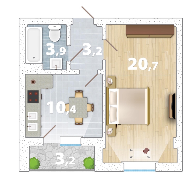 Планировка 1-комнатные квартиры, 39.48 m2 в ЖД Жануя, в г. Алматы