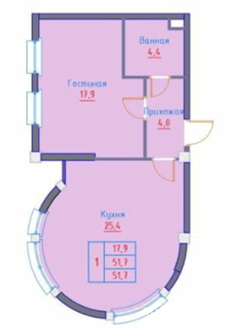 Планировка 1-комнатные квартиры, 51.7 m2 в ЖК Мекен, в г. Алматы