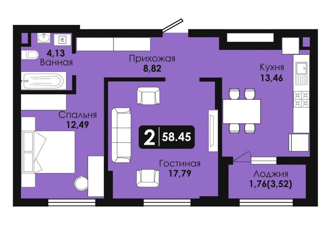 Планировка 2-комнатные квартиры, 58.45 m2 в ЖК Soul Park, в г. Нур-Султана (Астаны)