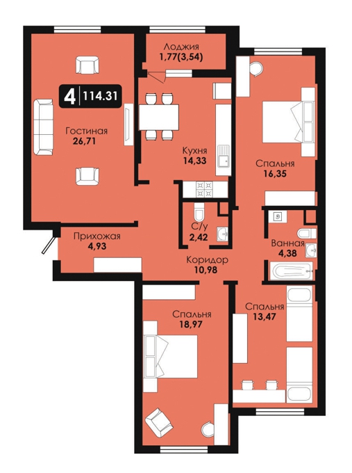 Планировка 4-комнатные квартиры, 114.31 m2 в ЖК Soul Park, в г. Нур-Султана (Астаны)