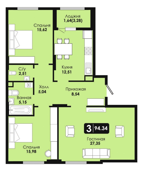 Планировка 3-комнатные квартиры, 94.34 m2 в ЖК Soul Park, в г. Нур-Султана (Астаны)