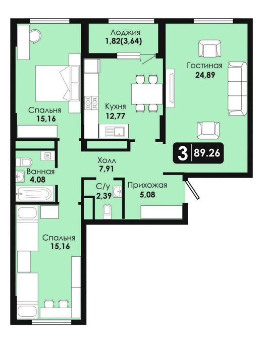 Планировка 3-комнатные квартиры, 89.26 m2 в ЖК Soul Park, в г. Нур-Султана (Астаны)