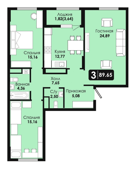 Планировка 3-комнатные квартиры, 89.65 m2 в ЖК Soul Park, в г. Нур-Султана (Астаны)