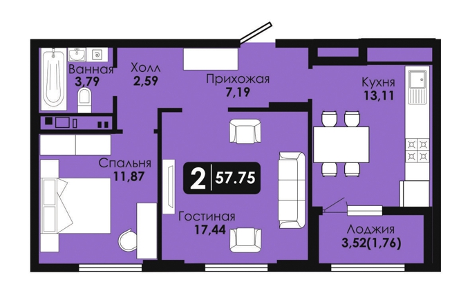 Планировка 2-комнатные квартиры, 57.75 m2 в ЖК Soul Park, в г. Нур-Султана (Астаны)