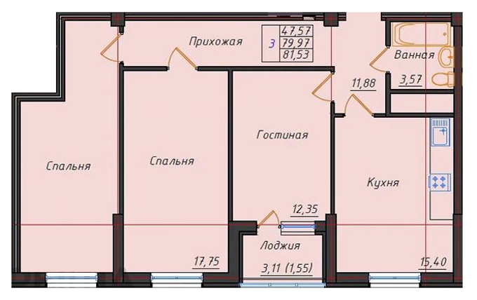Планировка 3-комнатные квартиры, 79.97 m2 в ЖК Зере-2, в г. Нур-Султана (Астаны)