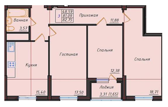 Планировка 3-комнатные квартиры, 81.09 m2 в ЖК Зере-2, в г. Нур-Султана (Астаны)