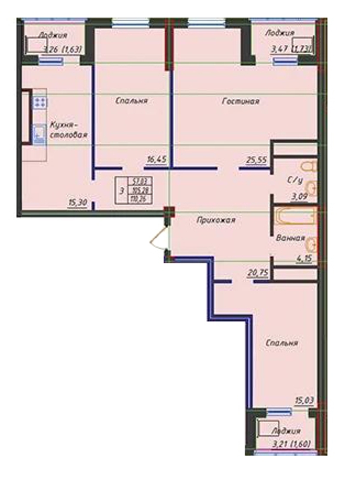 Планировка 3-комнатные квартиры, 105.28 m2 в ЖК Зере-2, в г. Нур-Султана (Астаны)