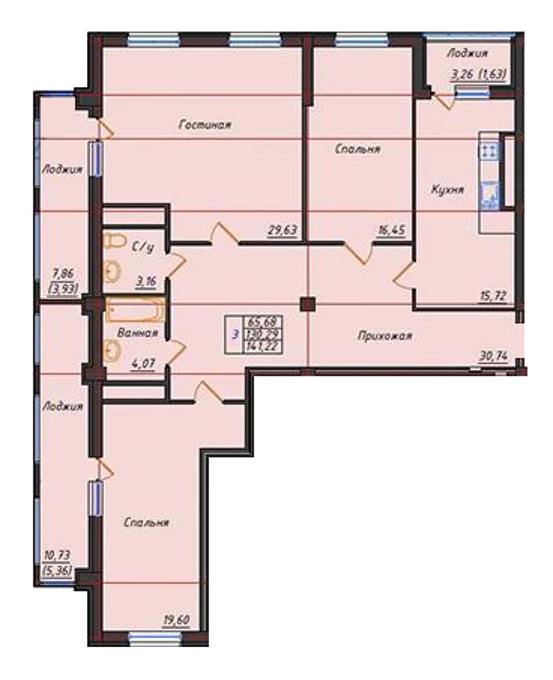 Планировка 3-комнатные квартиры, 130.29 m2 в ЖК Зере-2, в г. Нур-Султана (Астаны)