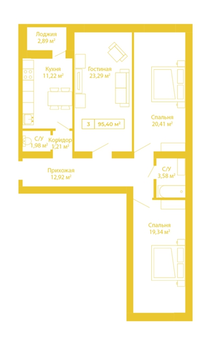 Планировка 3-комнатные квартиры, 95.4 m2 в ЖК Ainabulaq, в г. Нур-Султана (Астаны)