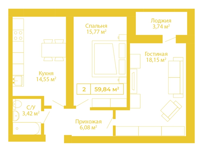 Планировка 2-комнатные квартиры, 59.84 m2 в ЖК Ainabulaq, в г. Нур-Султана (Астаны)