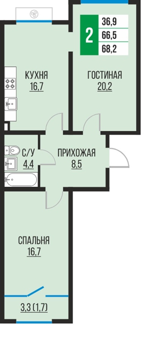 Планировка 2-комнатные квартиры, 68.2 m2 в ЖК Tamarix City, в г. Алматы