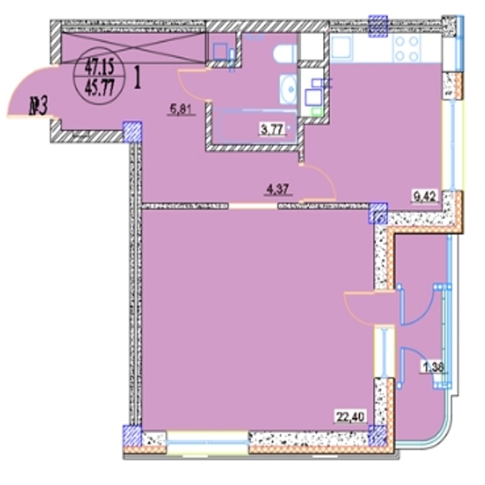 Планировка 1-комнатные квартиры, 47.15 m2 в ЖК Лея-Север, в г. Нур-Султана (Астаны)