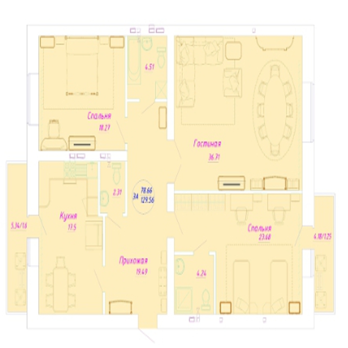 Планировка 3-комнатные квартиры, 129.56 m2 в ЖК Лея-Коктал, в г. Нур-Султана (Астаны)