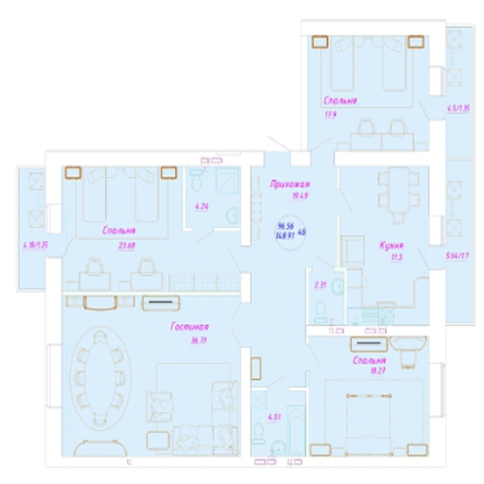 Планировка 4-комнатные квартиры, 148.91 m2 в ЖК Лея-Коктал, в г. Нур-Султана (Астаны)