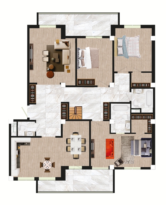 Планировка 4-комнатные квартиры, 141.48 m2 в Клубный дом Saxon Yard, в г. Алматы