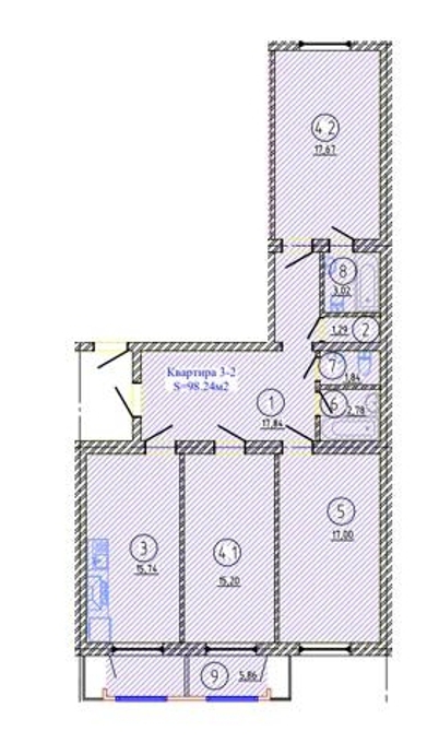 Планировка 3-комнатные квартиры, 98.24 m2 в ЖК Улы Шанырак, в г. Шымкента