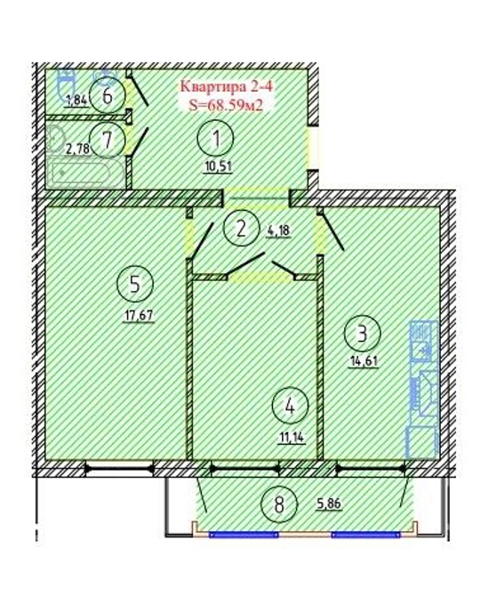 Планировка 2-комнатные квартиры, 68.59 m2 в ЖК Улы Шанырак, в г. Шымкента