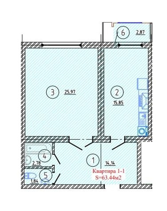 Планировка 1-комнатные квартиры, 63.44 m2 в ЖК Улы Шанырак, в г. Шымкента
