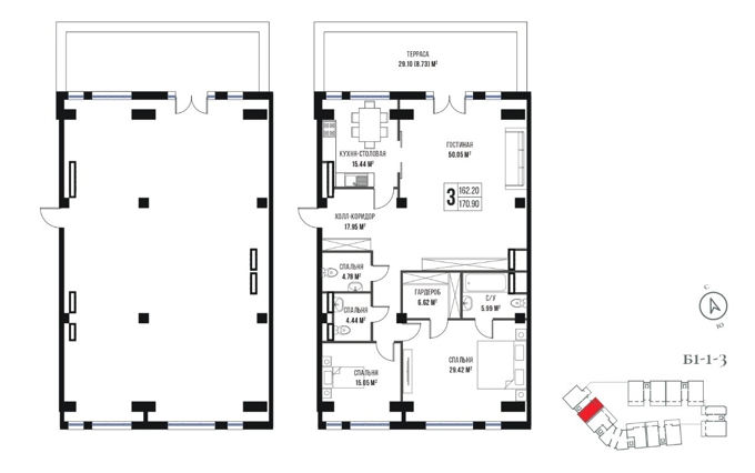 Планировка 3-комнатные квартиры, 170.9 m2 в ЖК Geneva Elite Apartments, в г. Алматы
