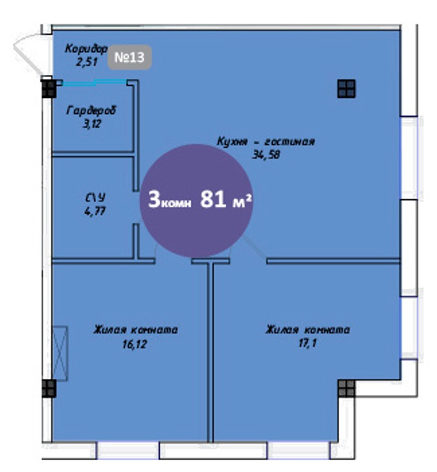Планировка 3-комнатные квартиры, 81 m2 в ЖК Famous Town, в г. Алматы
