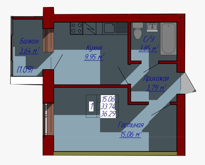 Планировка 1-комнатные квартиры, 36.29 m2 в ЖК Family House, в г. Косшы