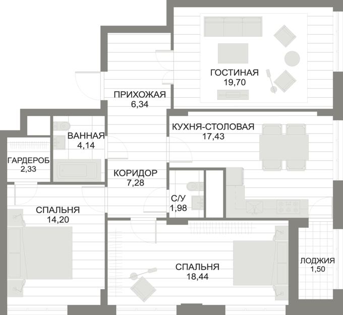 Планировка 3-комнатные квартиры, 93.34 m2 в ЖК Soho, в г. Нур-Султана (Астаны)