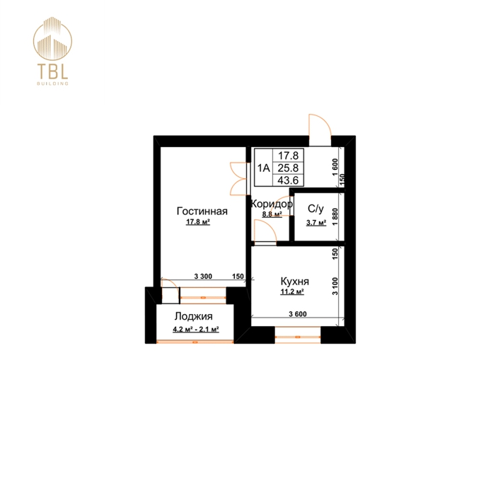 Планировка 1-комнатные квартиры, 43.6 m2 в ЖК Abay Park, в г. Караганды