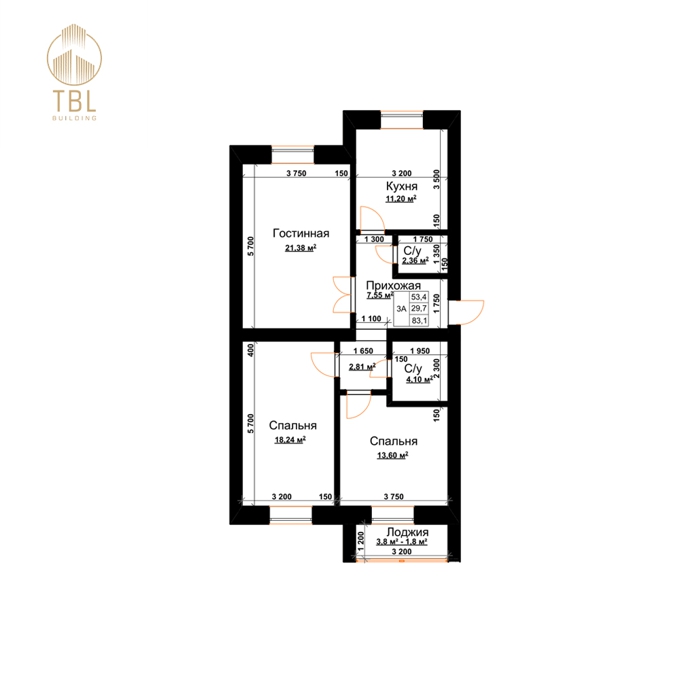 Планировка 3-комнатные квартиры, 83.1 m2 в ЖК Abay Park, в г. Караганды