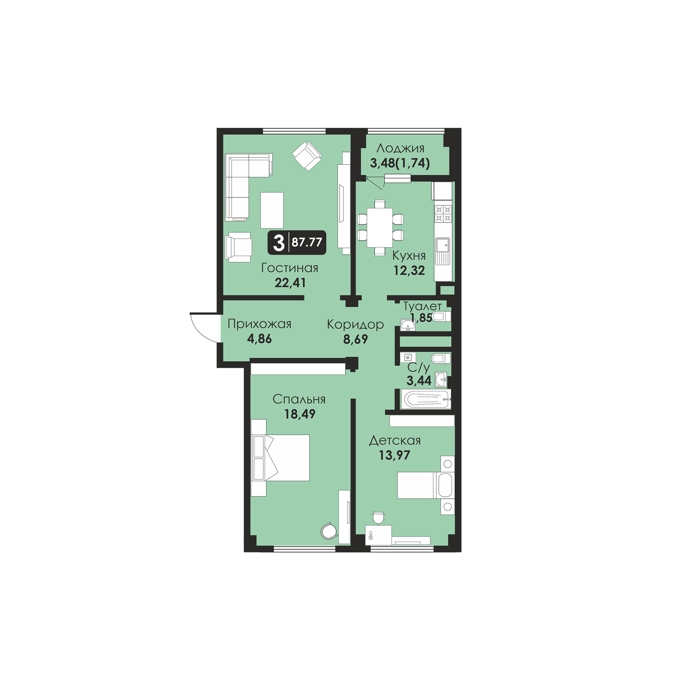 Планировка 3-комнатные квартиры, 87.77 m2 в ЖК Balausa, в г. Нур-Султана (Астаны)
