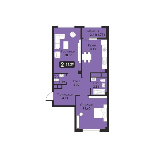 Планировка 2-комнатные квартиры, 66.29 m2 в ЖК Balausa, в г. Нур-Султана (Астаны)